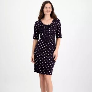 Lauren Ralph Lauren Dress Black Beige Polka Dot Cowl Neck Ruched Waist‎ 4